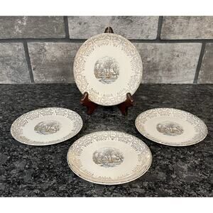 4 Vintage Monarch Currier & Ives Gold Filigree Winter Scene Round Bread Plates